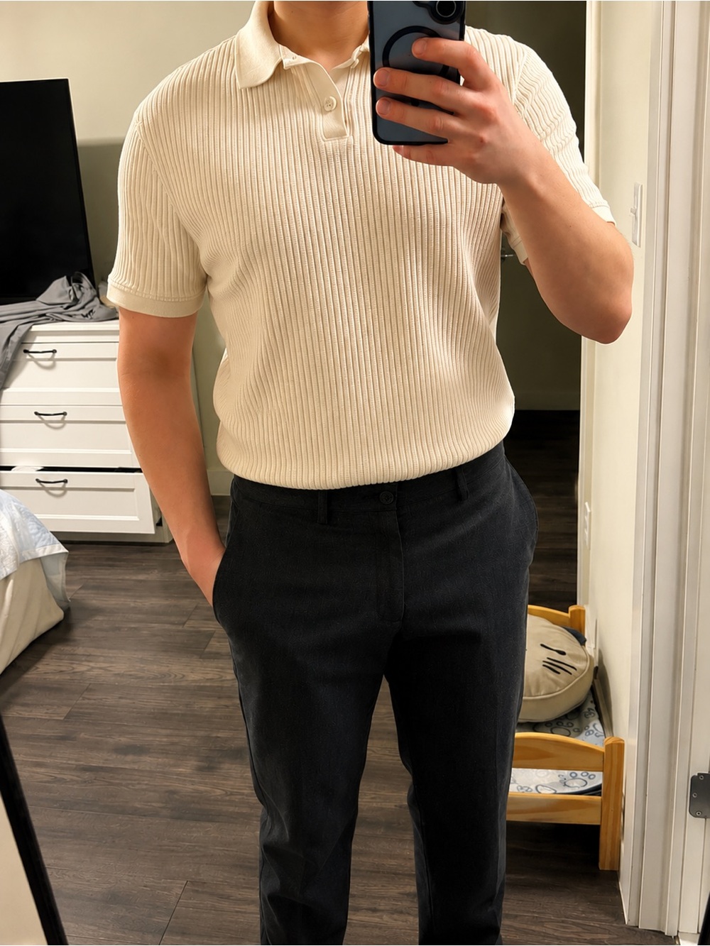 Zara Ribbed Knit Polo Shirt Cream Beige Size Large Old Money Style